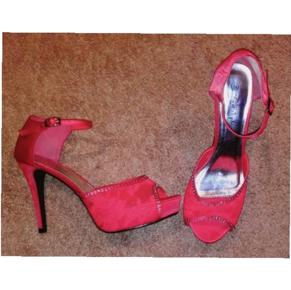 Satin Red Floral Heels w/Rhinestone Embellishment